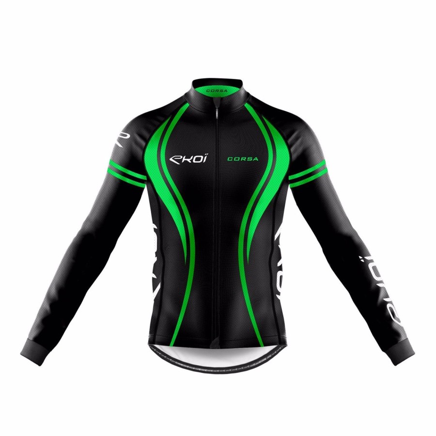 Cycling & Triathlon Ekoi Cycling Apparel Men | Ekoi Winter Long Sleeves Jersey Ekoi Corsa Green